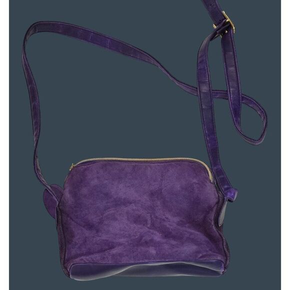 Purple Suede Leather Crossbody Bag Adjustable Strap & Gold-Tone Zippers bling - Picture 3 of 10